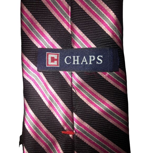 Chaps Silk Tie Striped Handmade Business Office Work Career Outfit  Pink Black - Picture 7 of 8